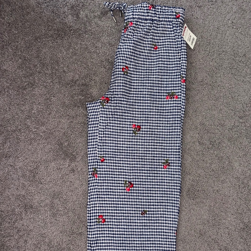 NICOLE MILLER Blue White Gingham Linen Pant Cherry Embroidered Drawstring Size 8 - Picture 8 of 9